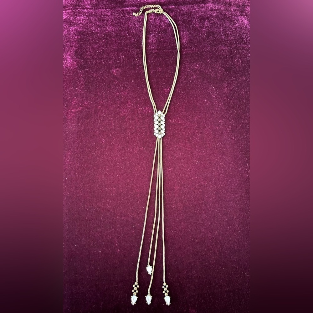 Multistrand Crystal and Iridescent Stone Lariat Necklace Double Bronze Box Chain